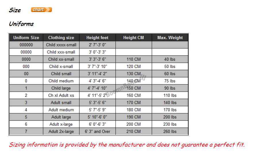 adidas dobok size chart